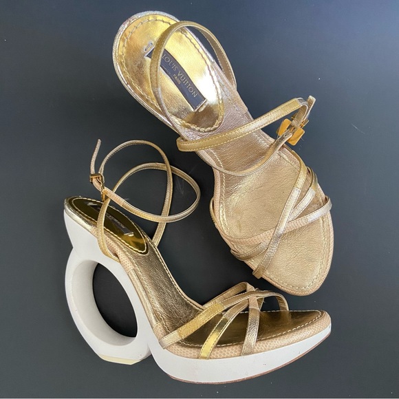 Louis Vuitton Gold Leather Wedge Ankle Strap Sandals Designer Heel Shape - Picture 1 of 15